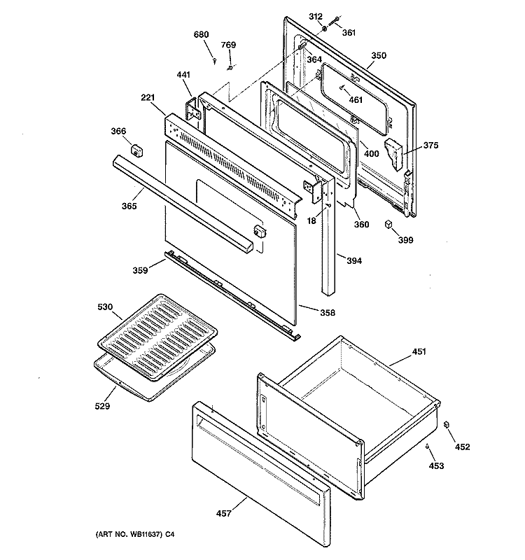 DOOR & DRAWER PARTS Diagram and Parts List for RB530WB1  Hotpoint Range