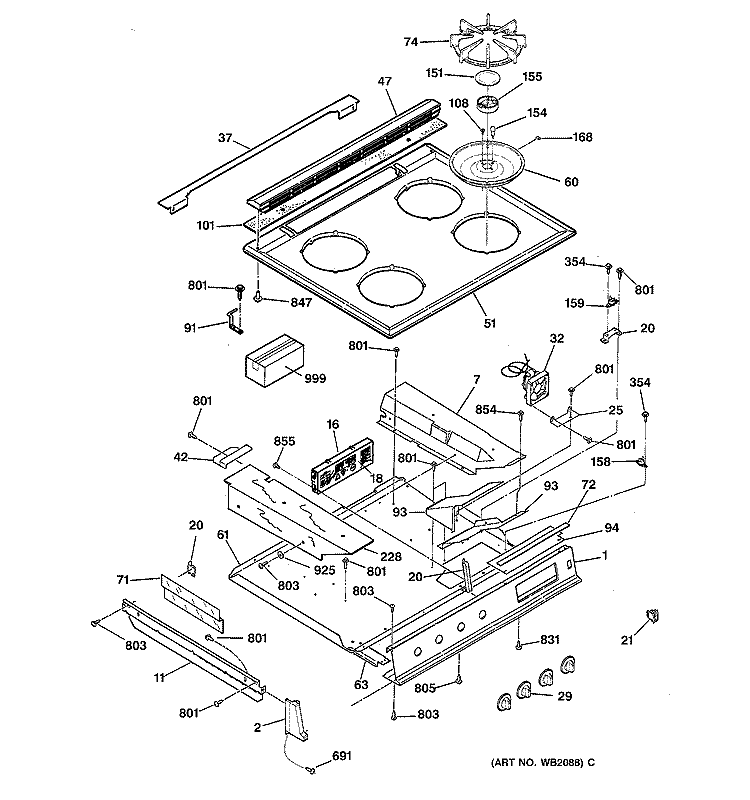 CONTROL PANEL & COOKTOP Diagram and Parts List for JGSP23BEY1BB  General Electric Range