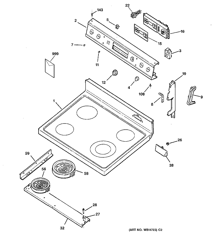 CONTROL PANEL & COOKTOP Diagram and Parts List for JBP61DA2WH  General Electric Range
