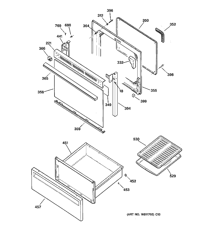 DOOR & DRAWER PARTS Diagram and Parts List for JBP61DA2WH  General Electric Range
