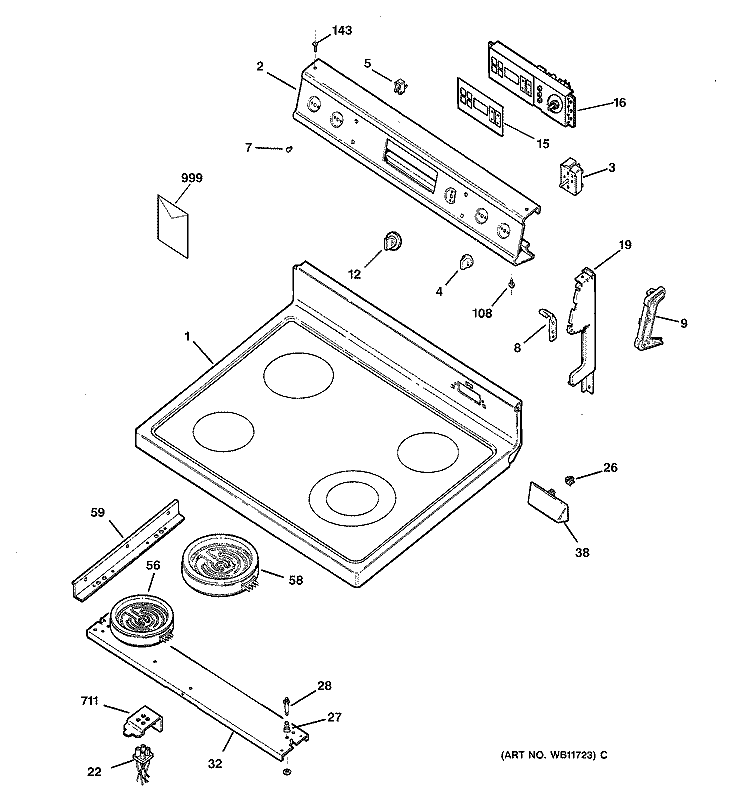 CONTROL PANEL & COOKTOP Diagram and Parts List for JBP61DB1WH  General Electric Range