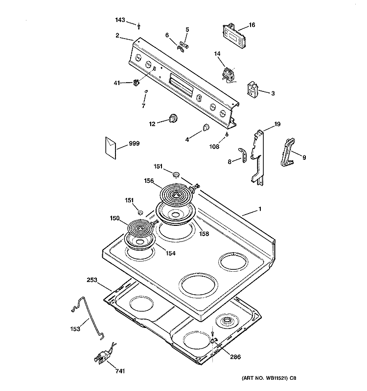 CONTROL PANEL & COOKTOP Diagram and Parts List for JBS23BB1  General Electric Range