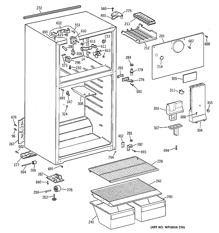 CABINET Diagram and Parts List for TBZ16SACJRWW  General Electric Refrigerator
