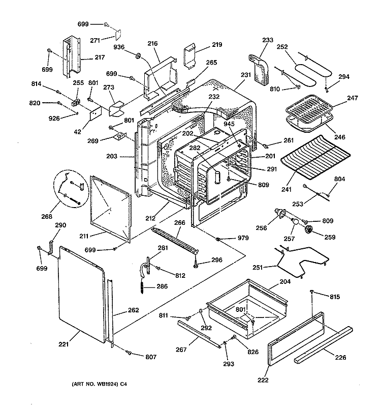 BODY & DRAWER PARTS Diagram and Parts List for JSP34BW1BB  General Electric Range