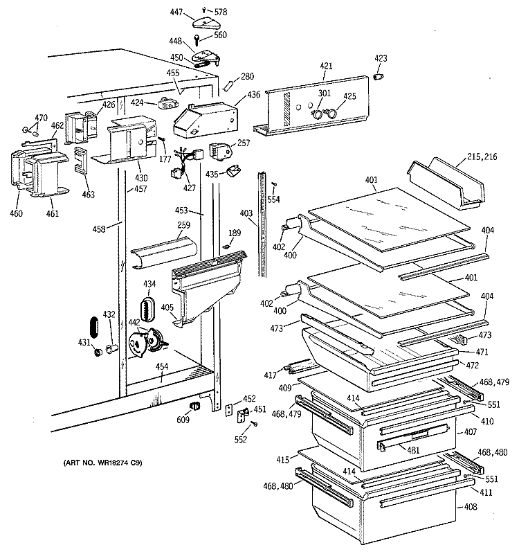 FRESH FOOD SECTION Diagram and Parts List for TFG22JABEWW  General Electric Refrigerator