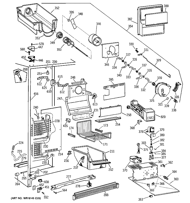 FREEZER SECTION Diagram and Parts List for TFG25PEBEWH  General Electric Refrigerator