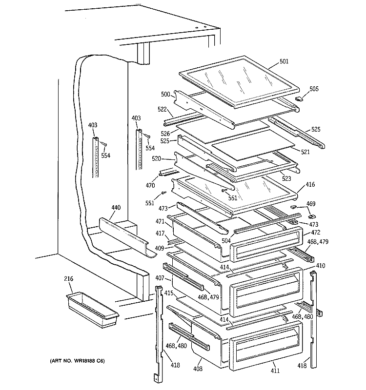 FRESH FOOD SHELVES Diagram and Parts List for TFG25PEBEWH  General Electric Refrigerator