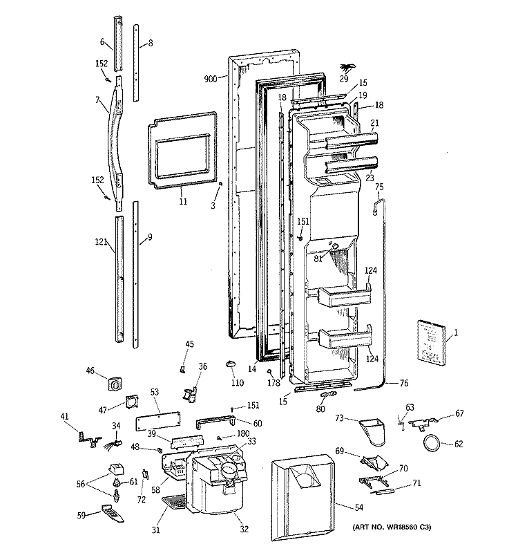 FREEZER DOOR Diagram and Parts List for TFG27PRBEWW  General Electric Refrigerator