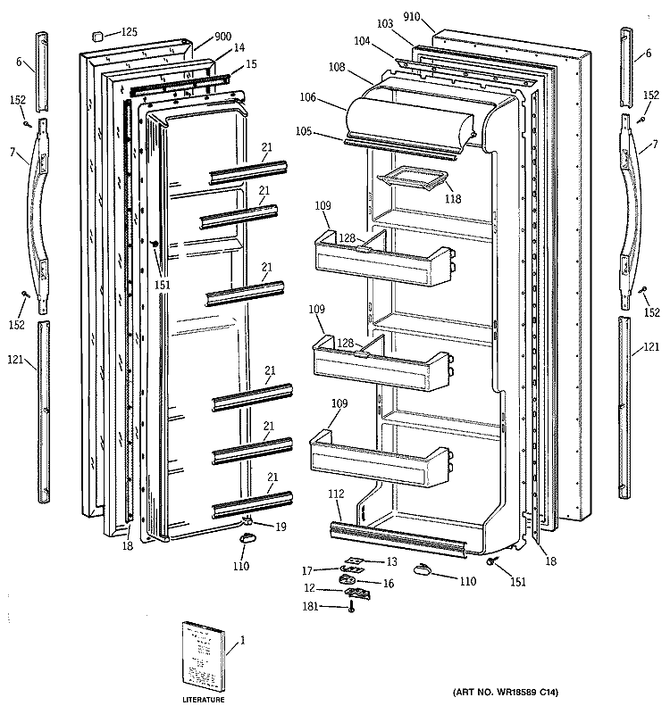 DOORS Diagram and Parts List for TFZ20JABEWW  General Electric Refrigerator