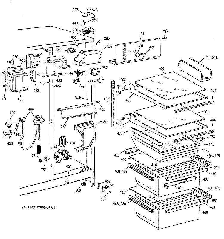 FRESH FOOD SECTION Diagram and Parts List for TFJ22JABEWW  General Electric Refrigerator