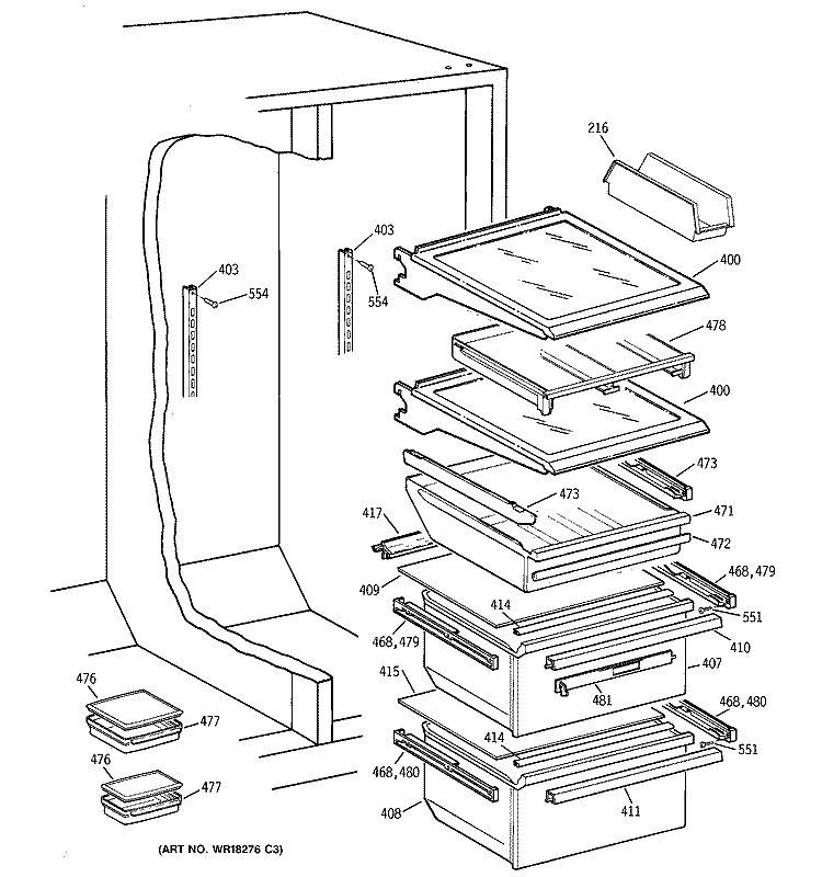 FRESH FOOD SHELVES Diagram and Parts List for TFK28ZFBEAA  General Electric Refrigerator