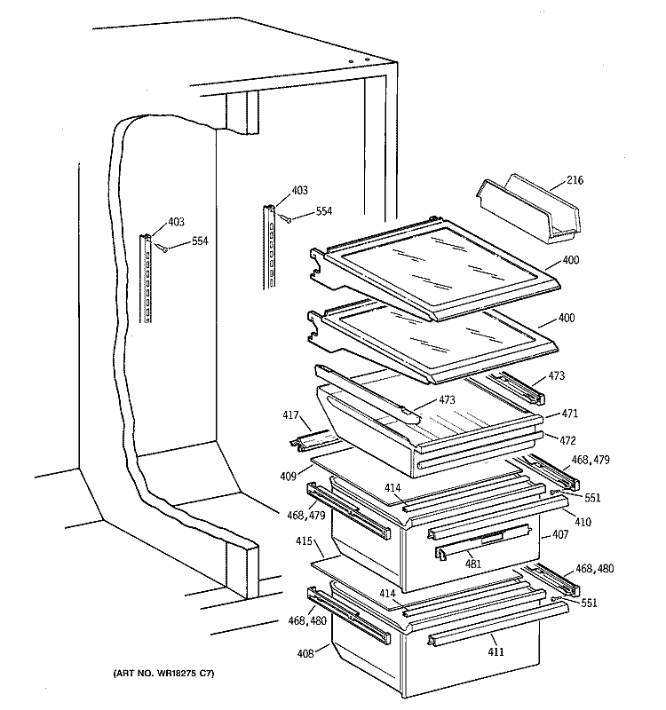 FRESH FOOD SHELVES Diagram and Parts List for TFK28ZRBEAA  General Electric Refrigerator