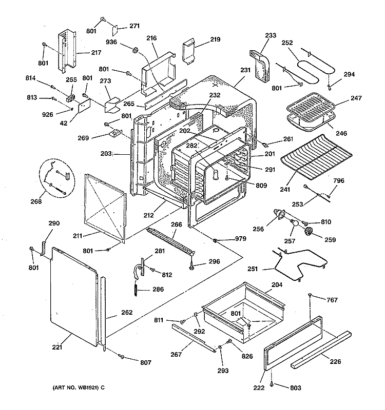 BODY & DRAWER PARTS Diagram and Parts List for JSP28GT1BB  General Electric Range
