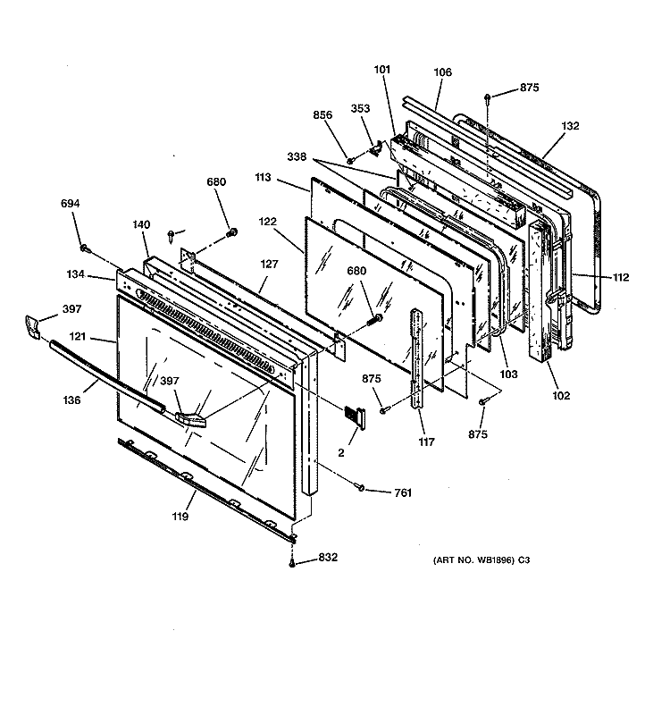 OVEN DOOR Diagram and Parts List for JTP14WT1WW  General Electric Wall Oven
