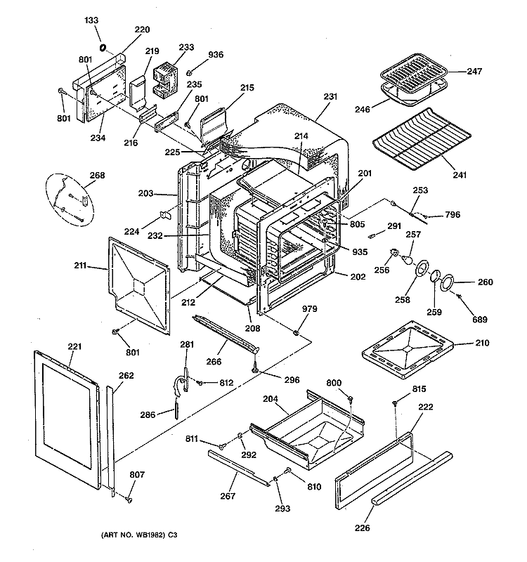 BODY & DRAWER PARTS Diagram and Parts List for JGSP20GET1BB  General Electric Range