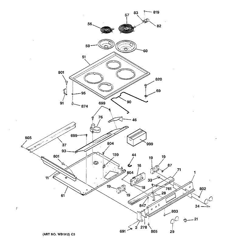 CONTROL PANEL & COOKTOP Diagram and Parts List for JCSP28GT1BB  General Electric Range
