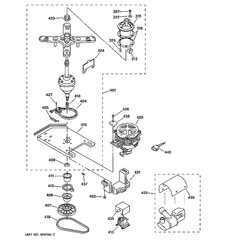 BRAKE, CLUTCH, GEARCASE, MOTOR & PUMP PARTS Diagram and Parts List for WSKP2060T2WB  General Electric Washer