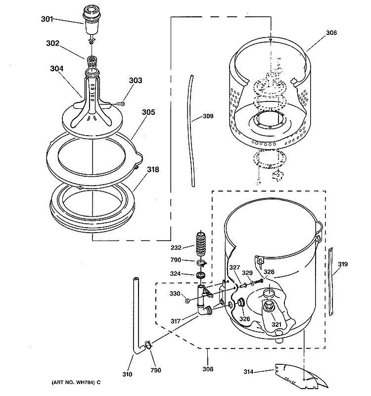 AGITATOR, BASKET & TUB PARTS Diagram and Parts List for WSKS2060T2AB  General Electric Washer
