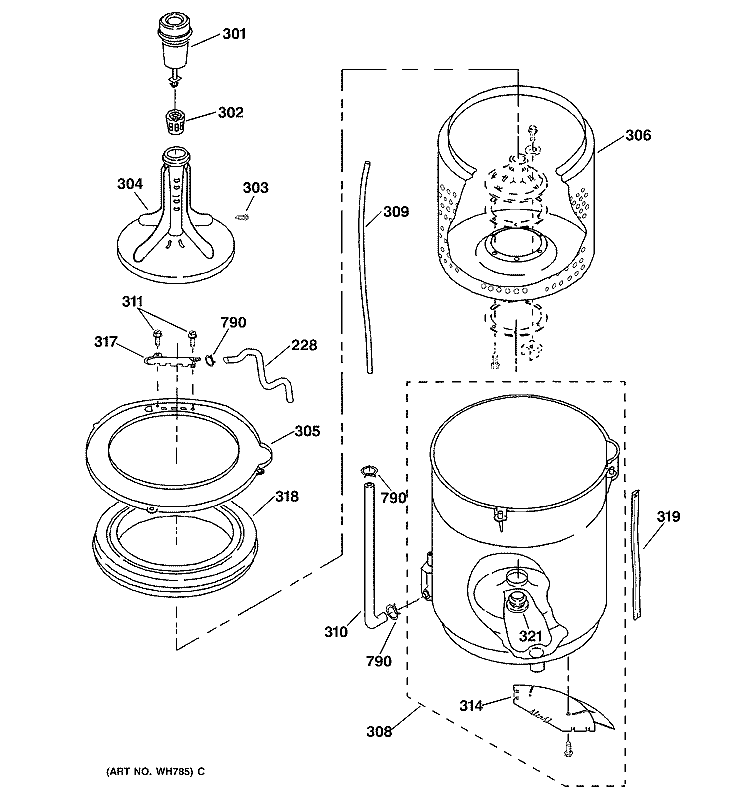 AGITATOR, BASKET & TUB PARTS Diagram and Parts List for WSKP2060W0WH  General Electric Washer