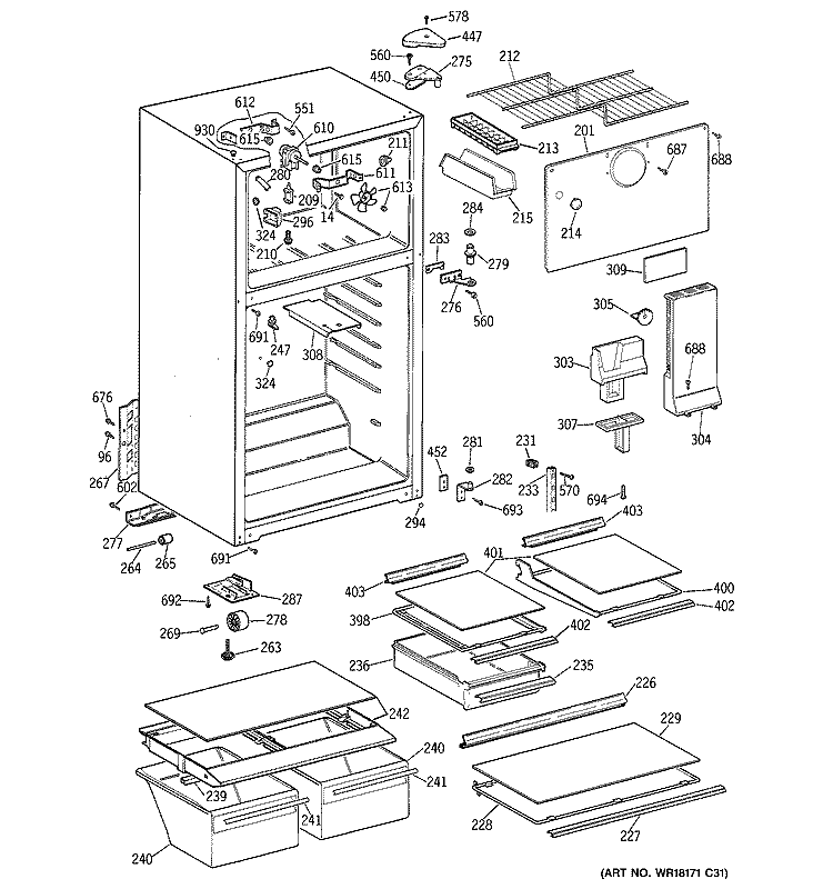 CABINET Diagram and Parts List for TBJ14NABRRWW  General Electric Refrigerator