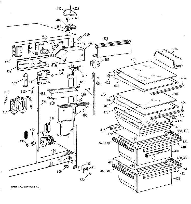 FRESH FOOD SECTION Diagram and Parts List for TFT22JWBEAA  General Electric Refrigerator