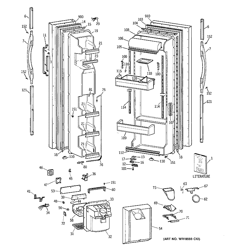 DOORS Diagram and Parts List for TFT25JWBEWW  General Electric Refrigerator