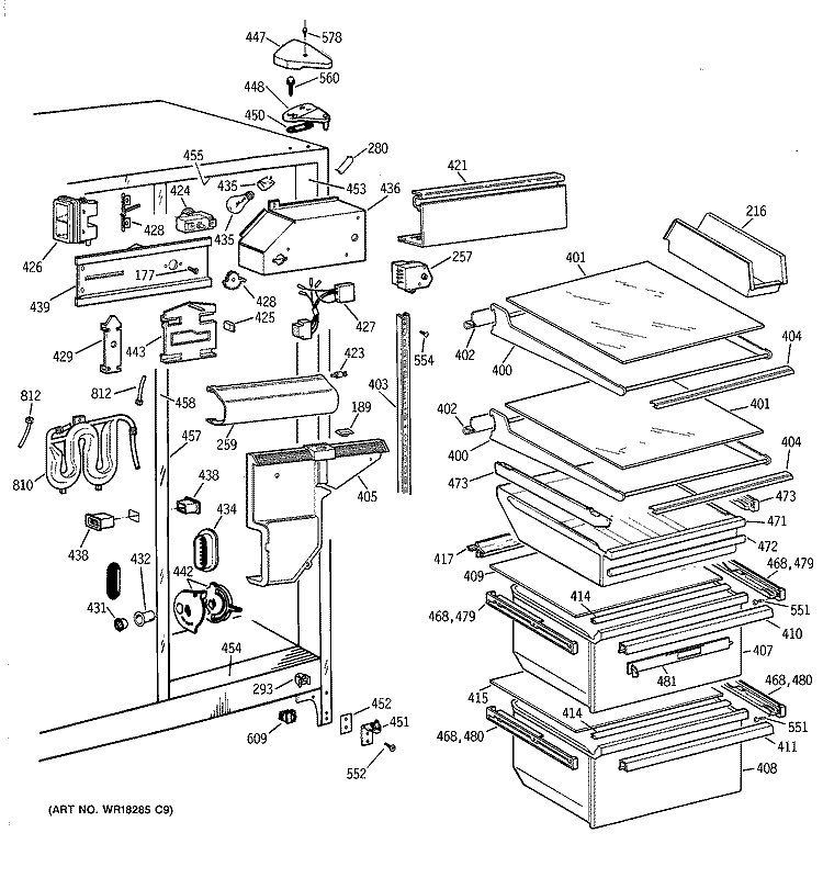FRESH FOOD SECTION Diagram and Parts List for TFT25JWBEWW  General Electric Refrigerator