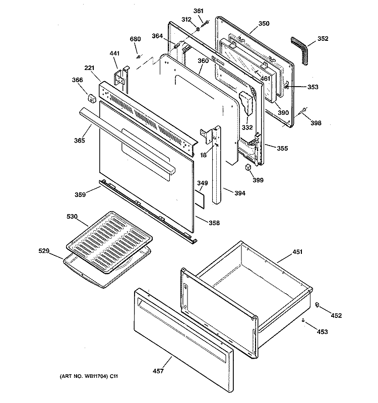 DOOR & DRAWER PARTS Diagram and Parts List for RB787WB1WW  Hotpoint Range