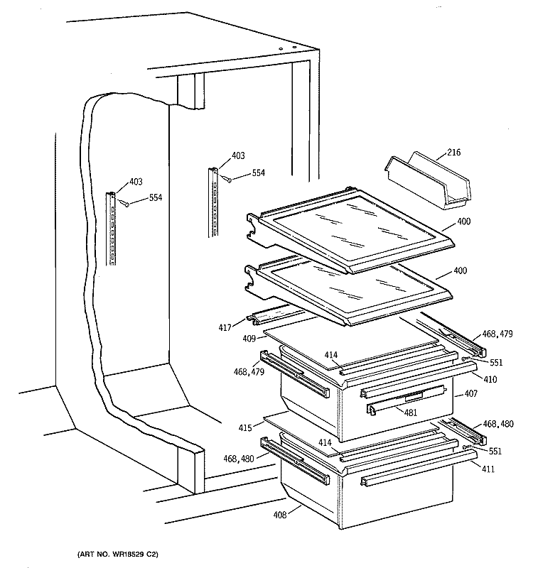 FRESH FOOD SHELVES Diagram and Parts List for TFM25KRCEWW  General Electric Refrigerator