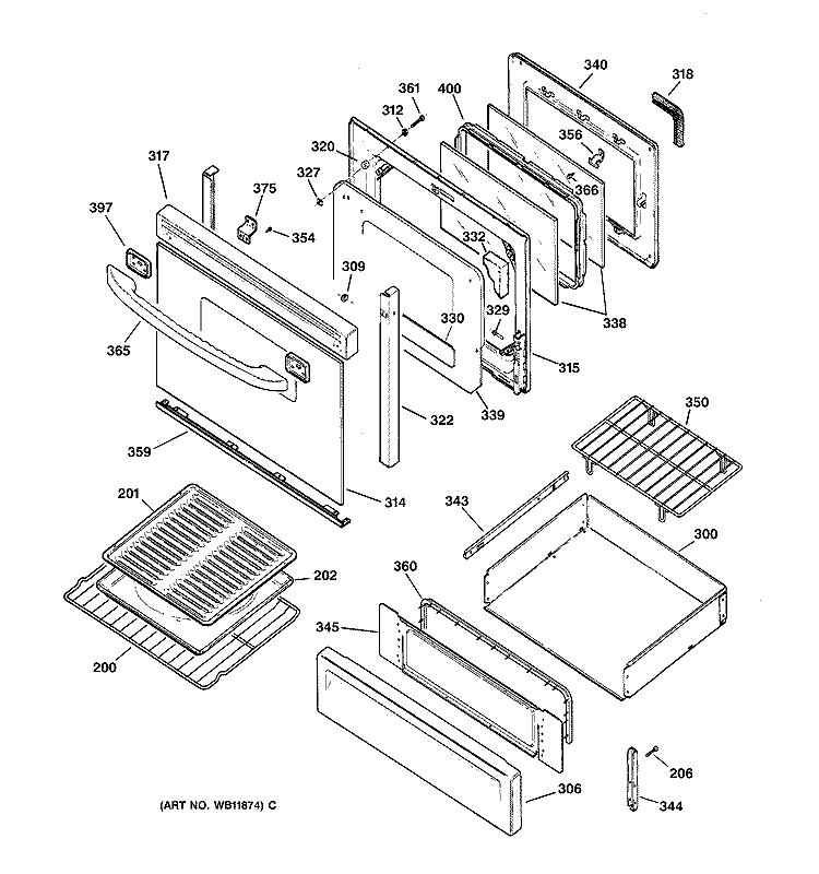DOOR & DRAWER PARTS Diagram and Parts List for JGBP79AEB1AA  General Electric Range