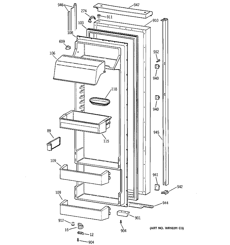 FRESH FOOD DOOR Diagram and Parts List for TPJ24BIBEWW  General Electric Refrigerator