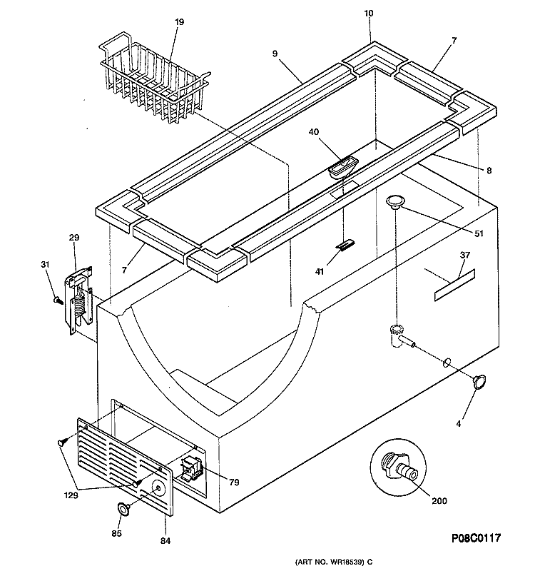 CABINET, CONTROLS & SHELVES Diagram and Parts List for FCM15DACWH  General Electric Freezer
