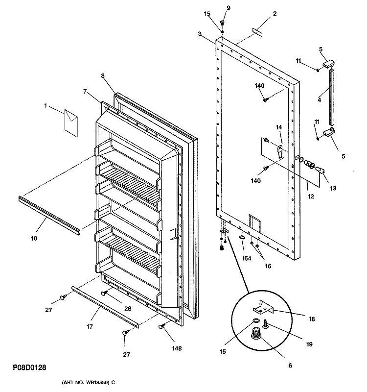 DOOR Diagram and Parts List for FUF14DADRWH  General Electric Freezer