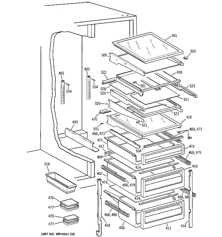 FRESH FOOD SHELVES Diagram and Parts List for TFG28PFCCBS  General Electric Refrigerator