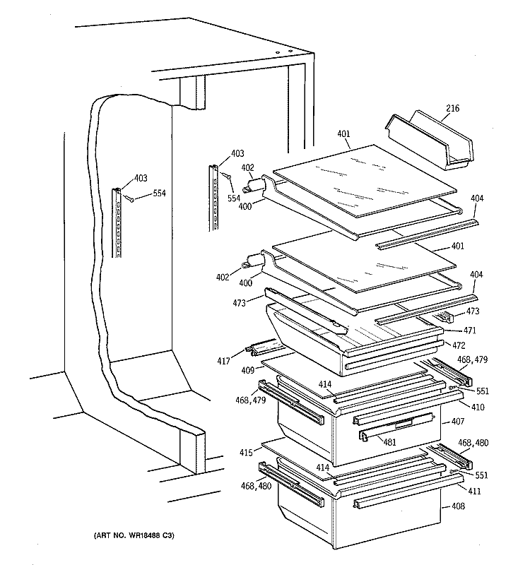 FRESH FOOD SHELVES Diagram and Parts List for CSG28DHCEWW  Hotpoint Refrigerator