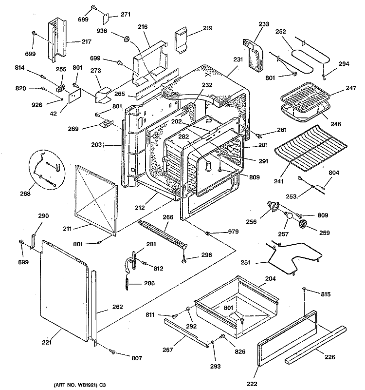 BODY & DRAWER PARTS Diagram and Parts List for JSP26BW3WH  General Electric Range