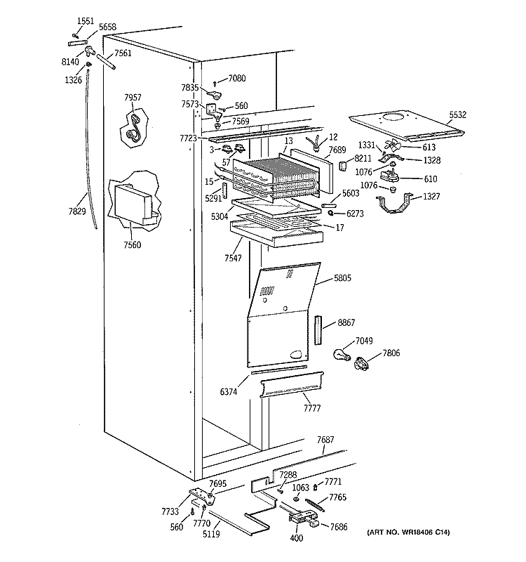 FREEZER SECTION Diagram and Parts List for ZIS36NCA  General Electric Refrigerator