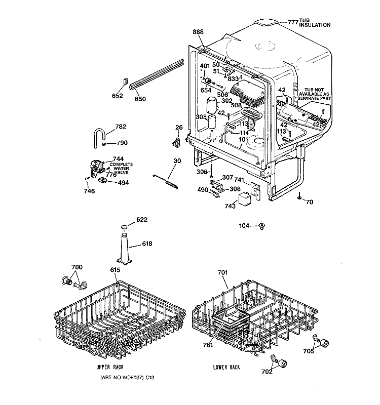 BODY PARTS Diagram and Parts List for GSD3610ZZ2AA  General Electric Dishwasher