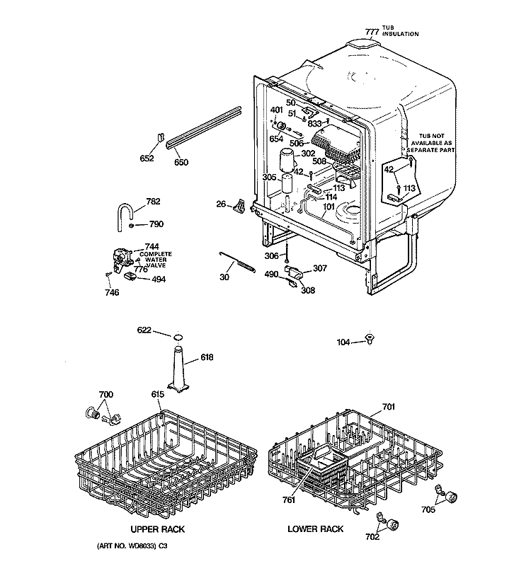 BODY PARTS Diagram and Parts List for GSC3200Z02BL  General Electric Dishwasher