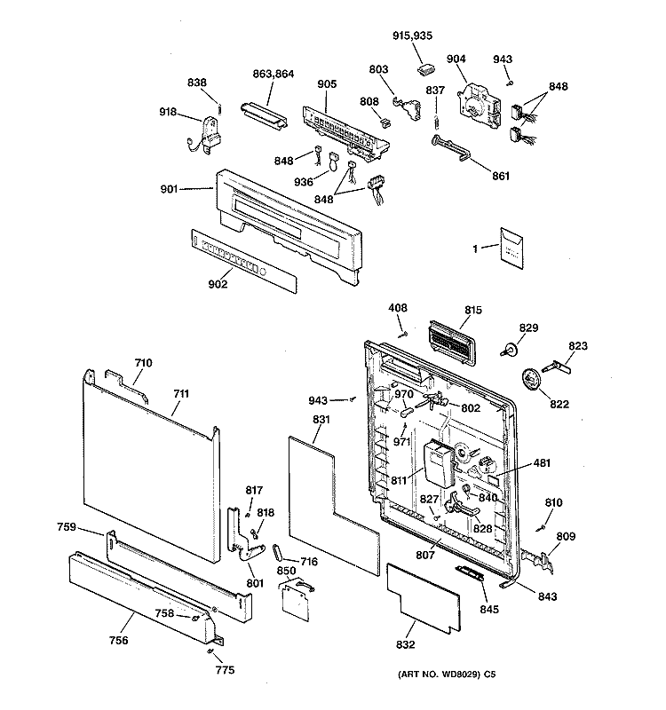 ESCUTCHEON & DOOR ASSEMBLY Diagram and Parts List for ZBD3500ZZ2BB  General Electric Dishwasher