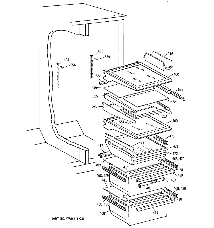 FRESH FOOD SHELVES Diagram and Parts List for TFX22ZPDABB  General Electric Refrigerator