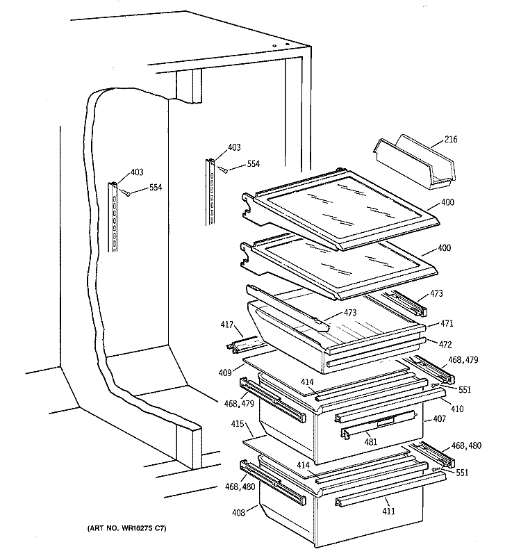 FRESH FOOD SHELVES Diagram and Parts List for TFX26APDAWW  General Electric Refrigerator
