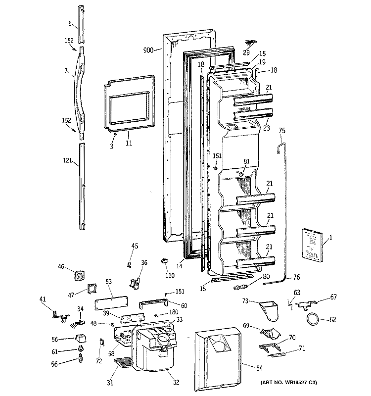 FREEZER DOOR Diagram and Parts List for TFX26XPDAAA  General Electric Refrigerator