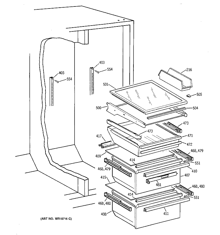 FRESH FOOD SHELVES Diagram and Parts List for TFX26XPDAAA  General Electric Refrigerator