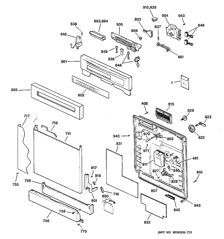 ESCUTCHEON & DOOR ASSEMBLY Diagram and Parts List for GSD4940C01SS  General Electric Dishwasher