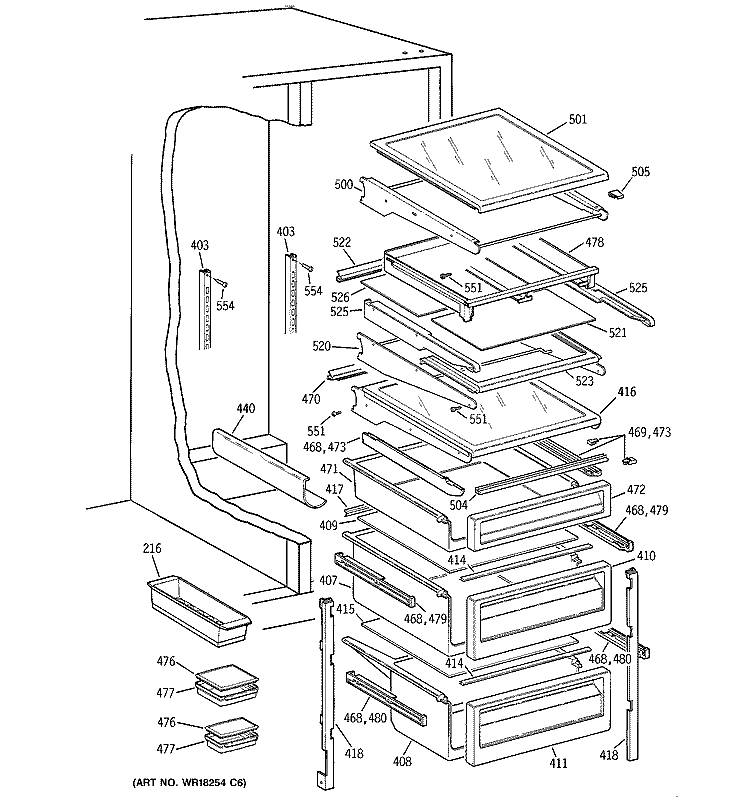FRESH FOOD SHELVES Diagram and Parts List for TFG30PFCEBB  General Electric Refrigerator