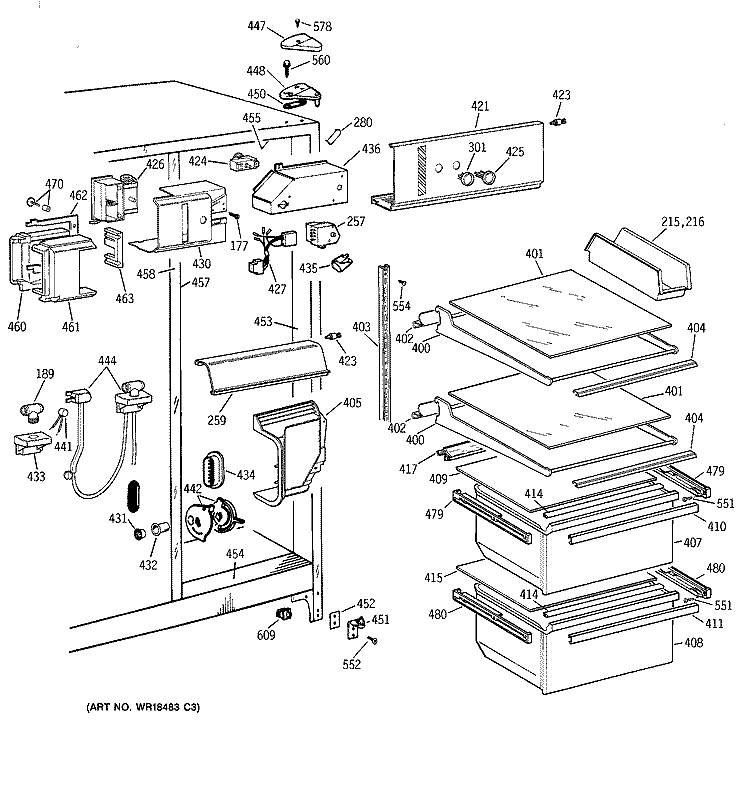 FRESH FOOD SECTION Diagram and Parts List for TFJ20JADAAA  General Electric Refrigerator