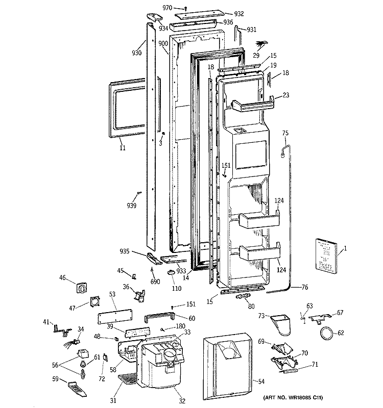 FREEZER DOOR Diagram and Parts List for TPG21KRDAWH  General Electric Refrigerator