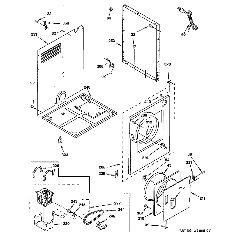 CABINET PARTS Diagram and Parts List for DSKP233ETDWB  General Electric Dryer