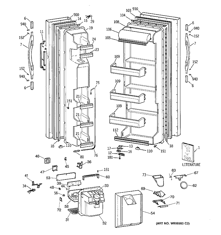 DOORS Diagram and Parts List for MRSC20KWBEWH  General Electric Refrigerator